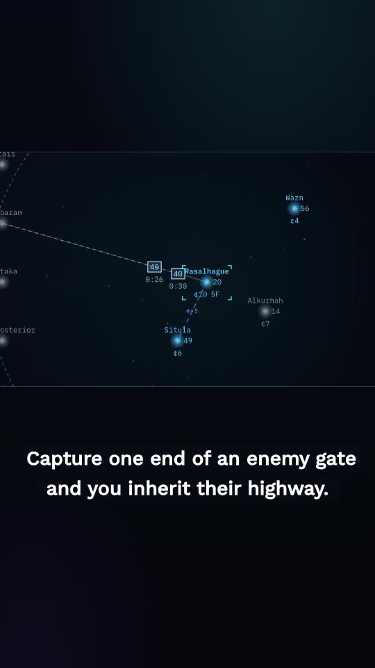 The same NOVA scene after the note, captioned 'Capture one end of an enemy gate and you inherit their highway'