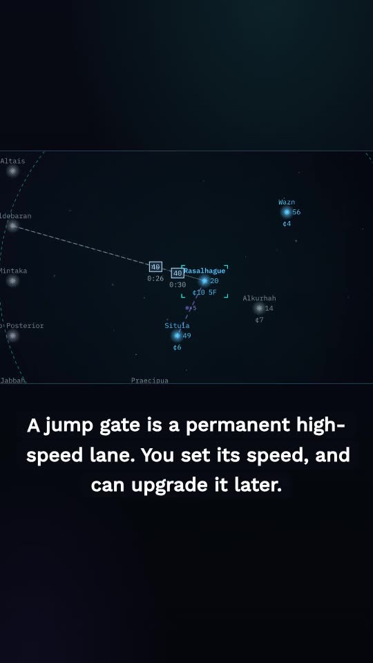 A frame of the NOVA video: a jump gate on the star map, captioned 'A jump gate is a permanent high-speed lane'
