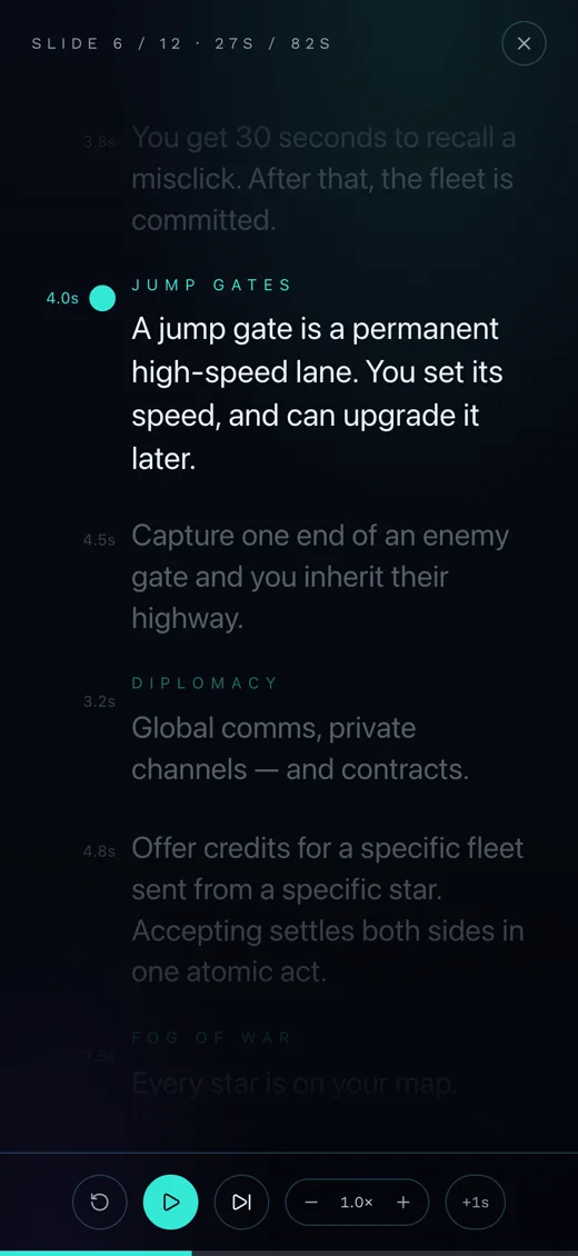 The NOVA script on a phone teleprompter, on the jump gate line
